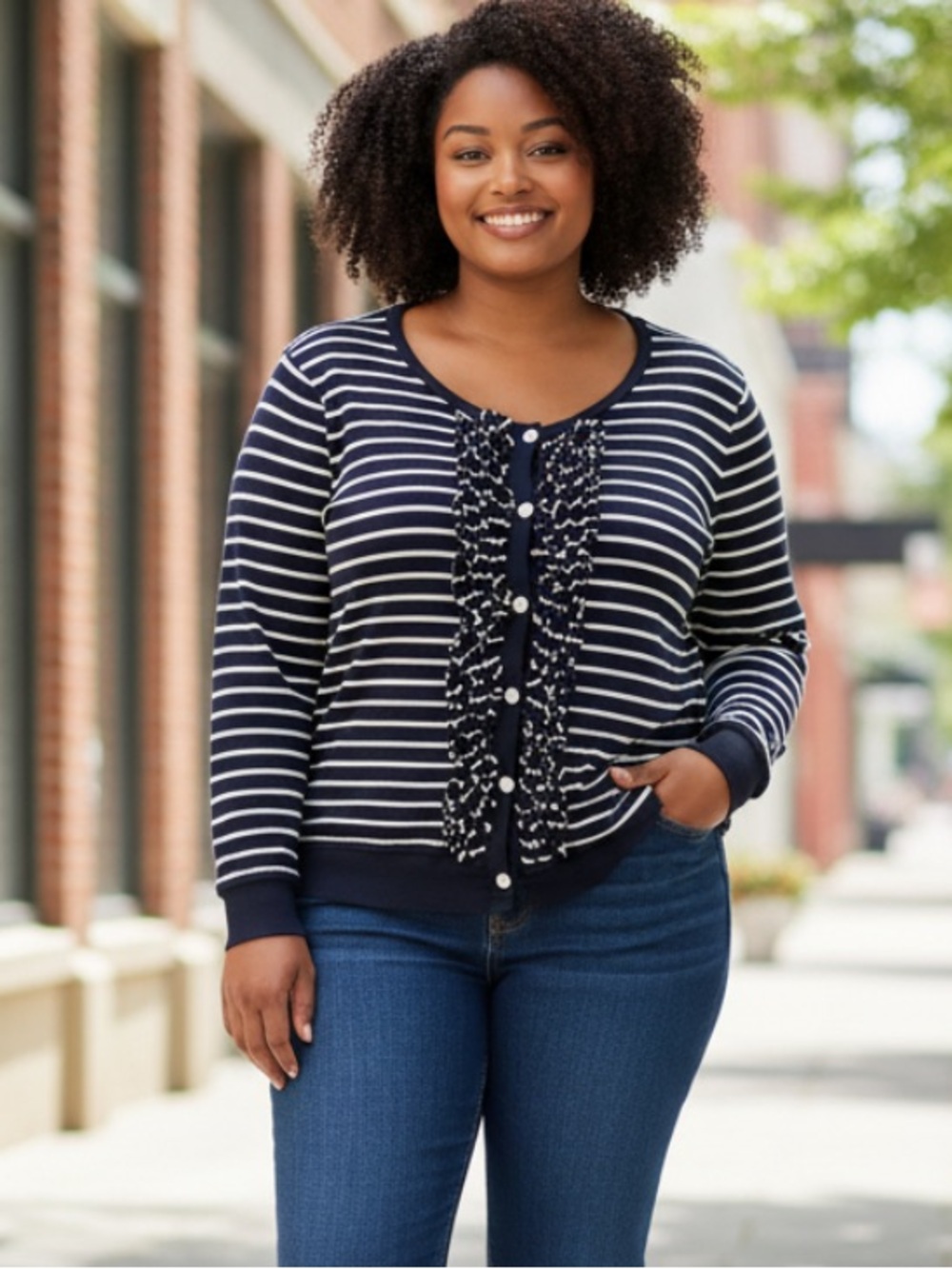 Pendleton Navy and White Striped Ruffle Front Cardigan